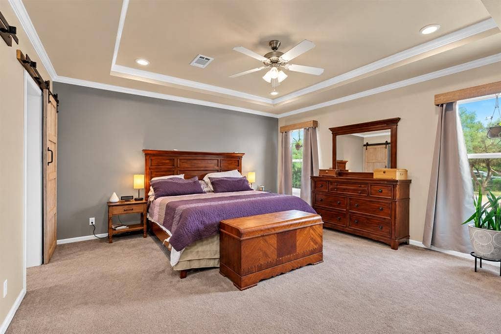 213 River Front Drive, Cedar Creek, TX 78612 Tray ceiling with recessed lighting and crown molding