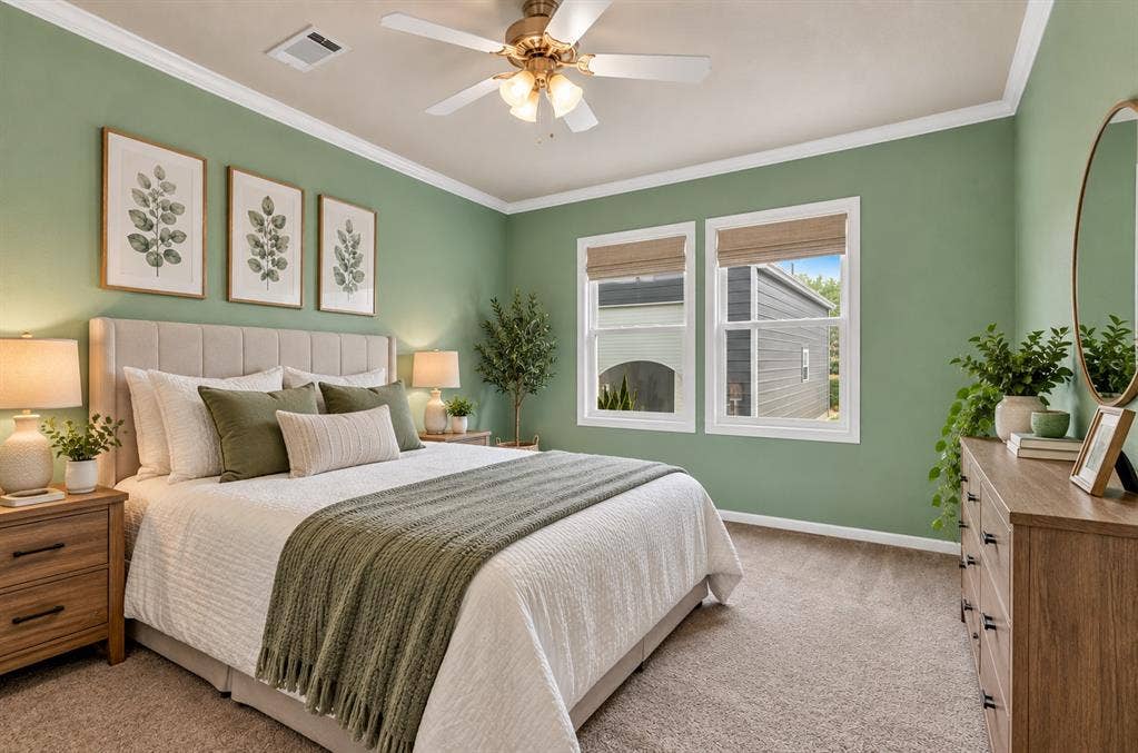 213 River Front Drive, Cedar Creek, TX 78612 Crown molding accenting the ceiling, a contemporary ceiling fan with integrated lighting, two windows with blinds, and a built-in upholstered headboard