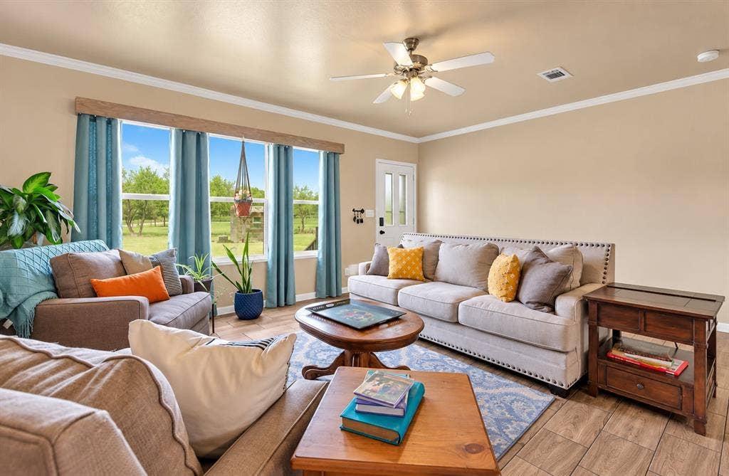 213 River Front Drive, Cedar Creek, TX 78612 Spacious living area featuring wood-finish flooring, a ceiling fan, and crown molding