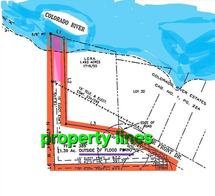 213 River Front Drive, Cedar Creek, TX 78612 Survey Map. Depicting the property boundaries and associated easements, including its relation to the Colorado River and flood plain status