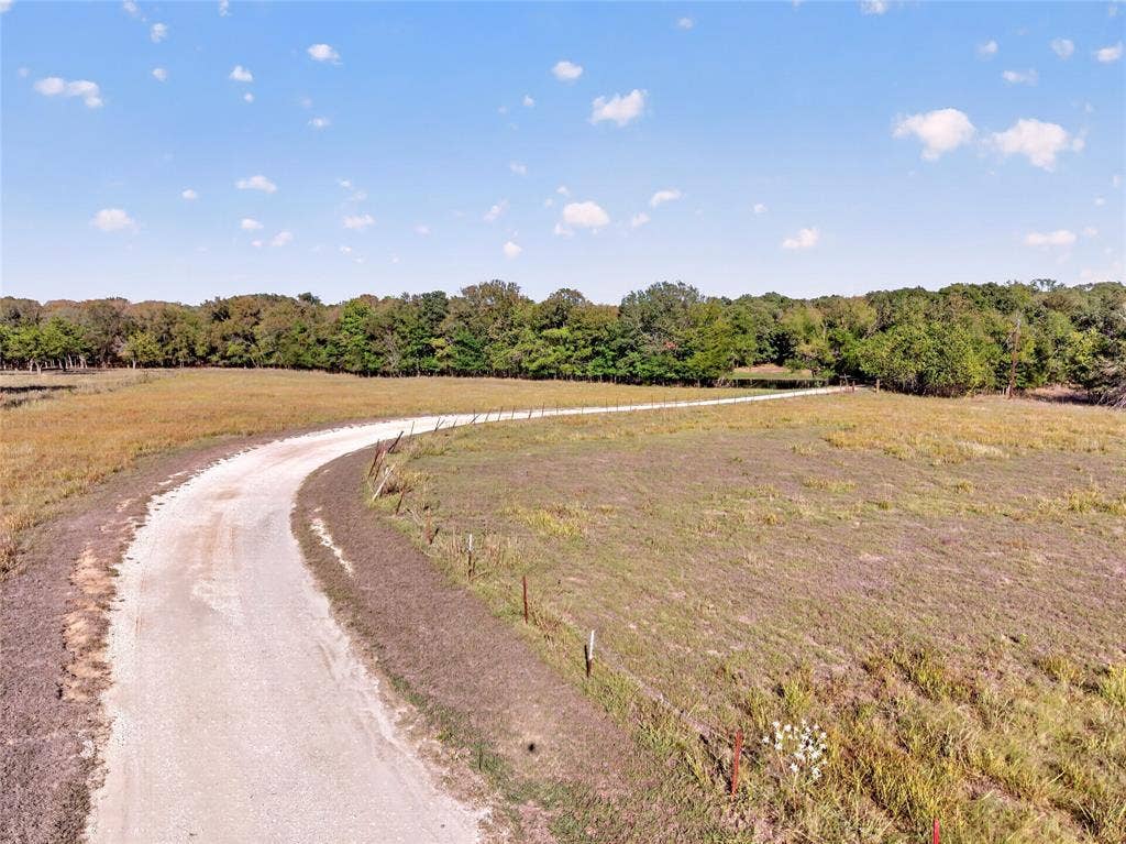 Curving gravel driveway, expansive grassy fields, and a dense tree line