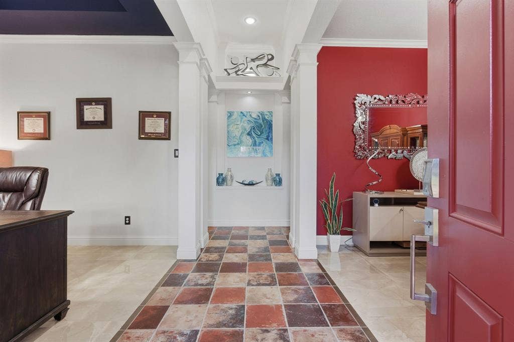 5104 Teddington Park Drive, Plano, TX 75023 Foyer featuring multi-toned tile flooring, recessed lighting, and decorative columns