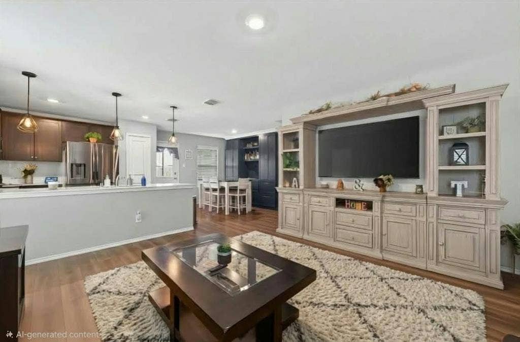 554 Deerfern Drive, Princeton, TX 75407 Kitchen with wood-finish cabinetry, stainless steel refrigerator, and pendant lighting