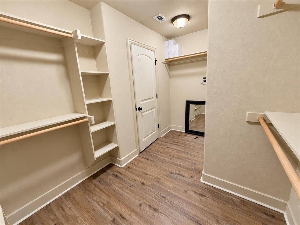 Walk-in closet featuring wood-finish flooring, built-in shelving, hanging rods, and a flush-mount light fixture