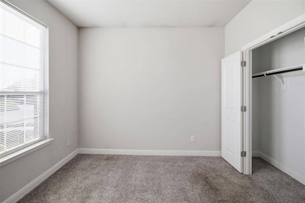 2513 Foules Drive, Glenn Heights, TX 75154 Bright bedroom with abundant natural light from large window, neutral wall finishes, neutral-toned carpeting, and a spacious walk-in closet with built-in rod and shelving