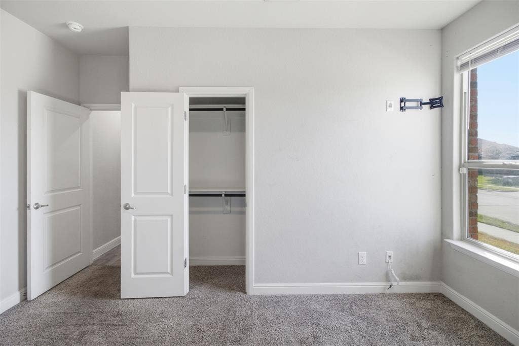 2513 Foules Drive, Glenn Heights, TX 75154 Neutral wall finishes, window with natural light, integrated closet shelving and hanging rods, plush carpeting