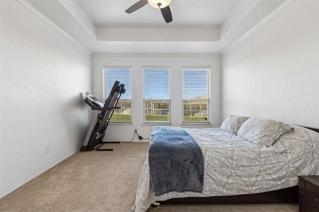 1501 Coyote Ridge Road, Wylie, TX 75098 Tray ceiling with crown molding, ceiling fan, three windows with blinds, and carpeted flooring