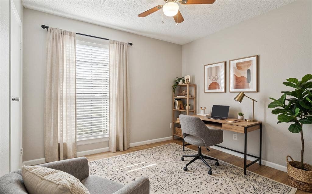 204 Timber Ridge Lane, Coppell, TX 75019 Recessed lighting, wood-finish flooring, ceiling fan, and window with blinds