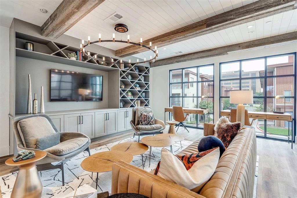 4020 McEwen Road, #9121, Farmers Branch, TX 75244 Living room with wood finished floors and a wooden ceiling with exposed beams