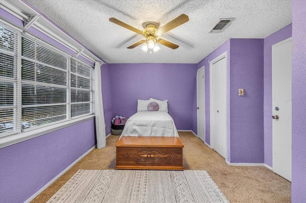 1106 Scenic Drive, Granbury, TX 76048 Room featuring wall-to-wall carpeting, large windows with horizontal blinds, and a ceiling-mounted light fixture with a multi-blade fan