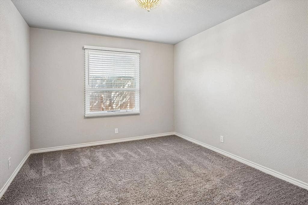 Neutral wall color, wall-to-wall carpeting, window with blinds, and flush mount ceiling light