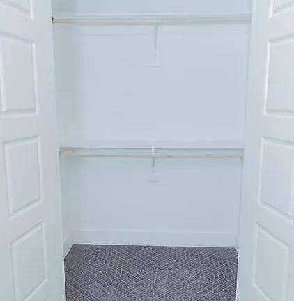 Double-door closet with two hanging rods and an abstract patterned carpet