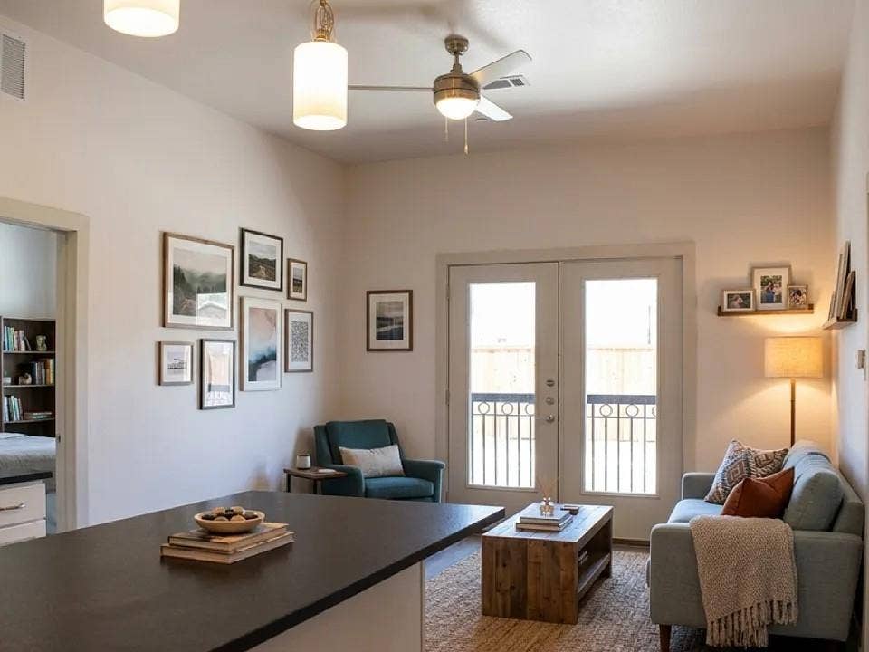 Open-concept living area featuring a kitchen island with a dark countertop, French doors with railing, and a ceiling fan with integrated lighting