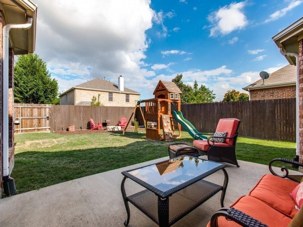 12316 Sailmaker Lane, Frisco, TX 75035 Private backyard featuring a concrete patio, wood privacy fence, and manicured lawn