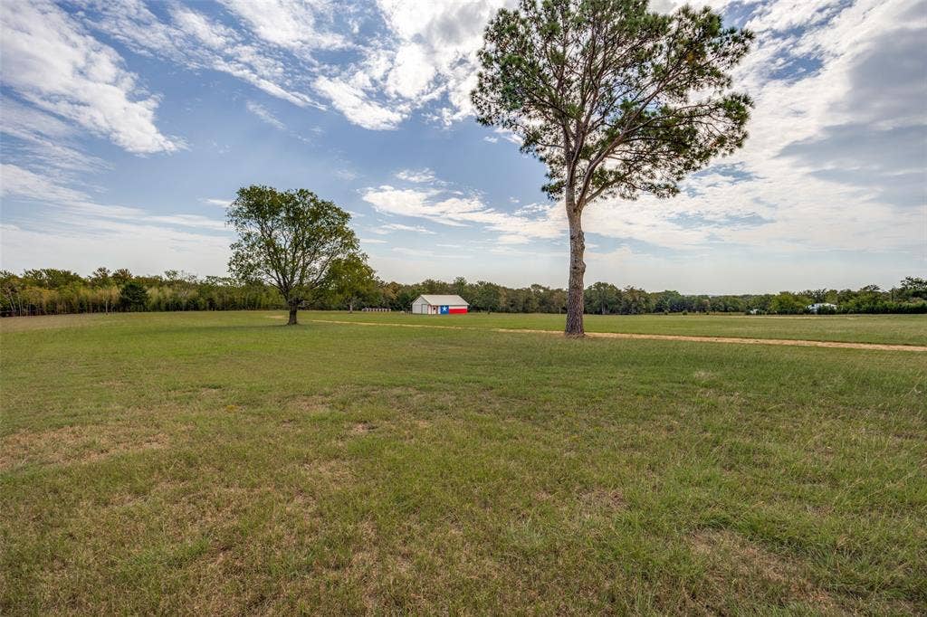 Expansive green space featuring scattered mature trees, a distant outbuilding with a white exterior and red and blue accents, and a clear sky with clouds overhead