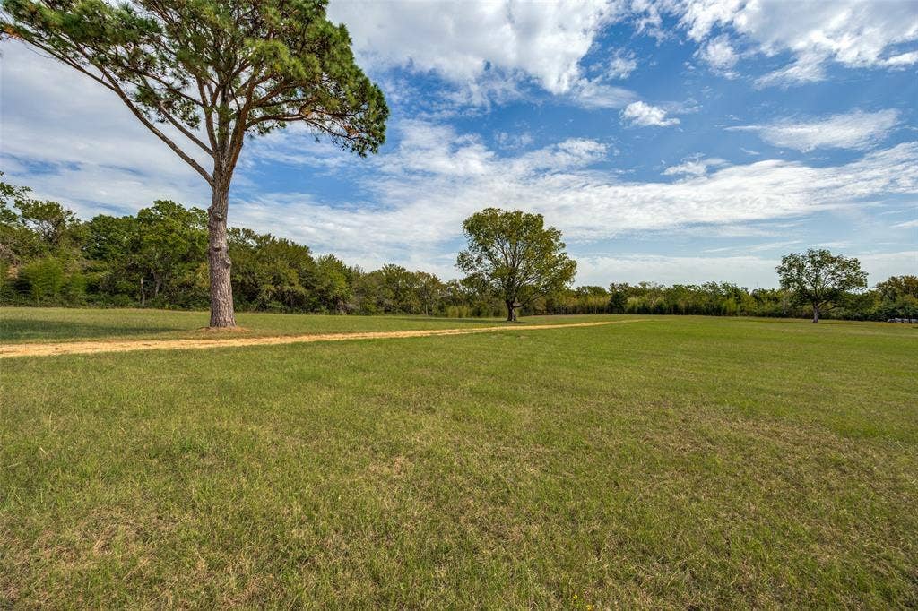 Expansive grass field featuring mature trees and a natural path