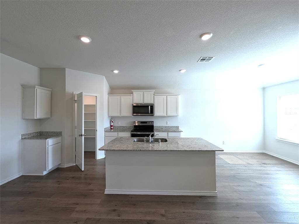 1148 Samantha Drive, Dallas, TX 75253 Kitchen featuring an island with a built-in sink, white cabinetry, integrated stainless steel appliances, speckled countertops, and recessed lighting