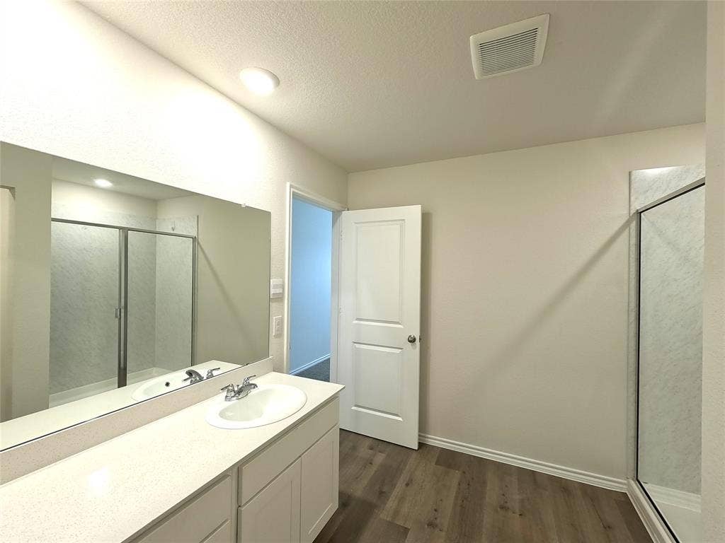1148 Samantha Drive, Dallas, TX 75253 Vanity with a single basin sink, expansive mirror, wood-finish flooring, and a glass-enclosed shower