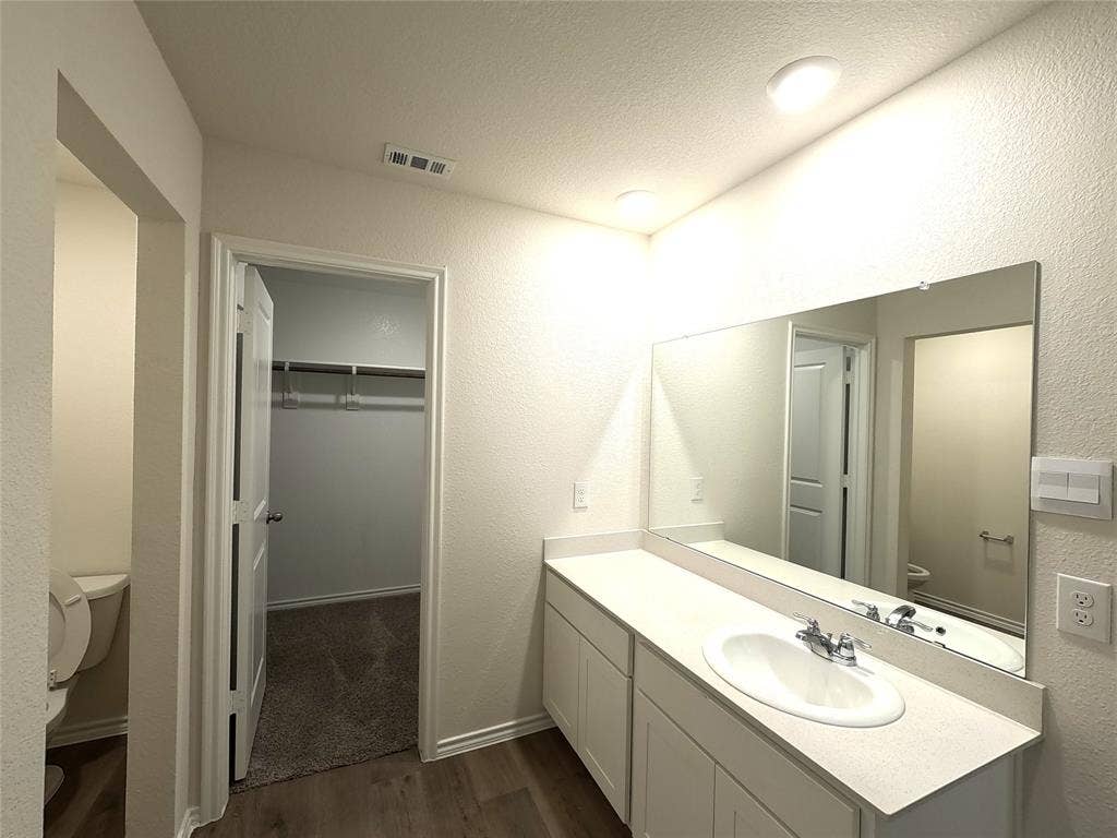 1148 Samantha Drive, Dallas, TX 75253 Double vanity with an integrated sink and spacious counter, large wall-mounted mirror, and wood-finish flooring