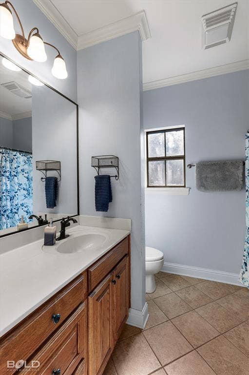 Bathroom vanity with wood-finish cabinetry, light-toned solid surface countertop, dark-finish faucet, wall-mounted light fixture, and tile flooring