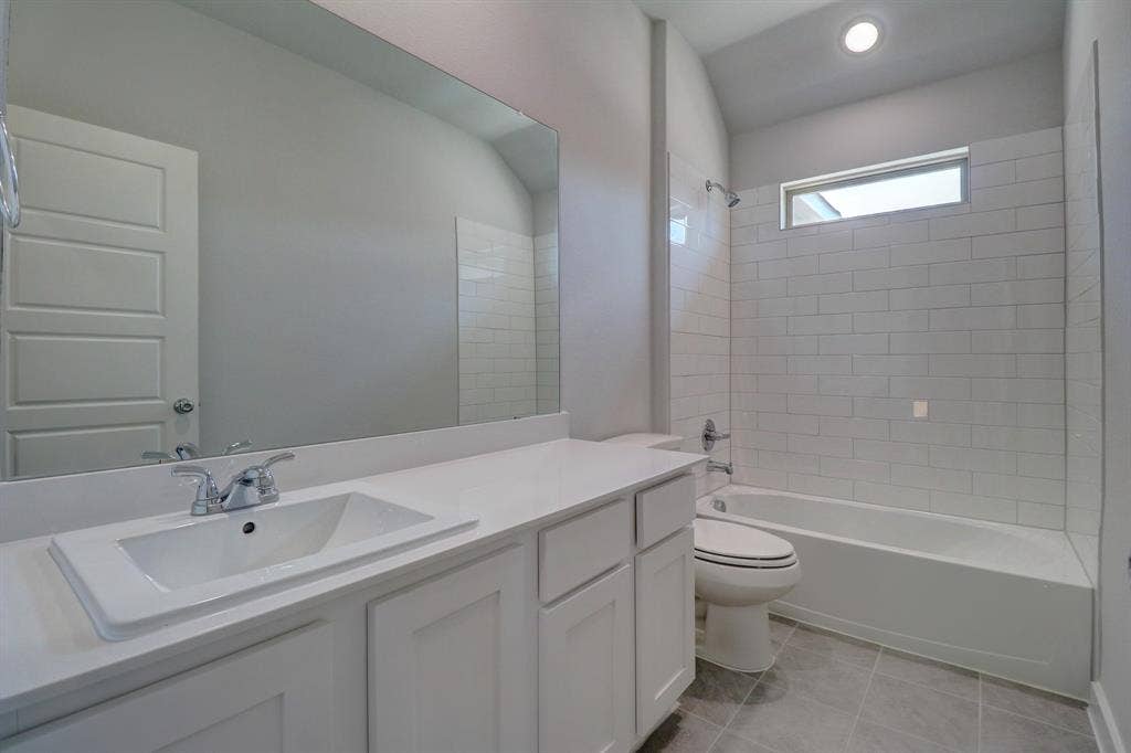 Vanity with integrated rectangular sink and chrome faucet