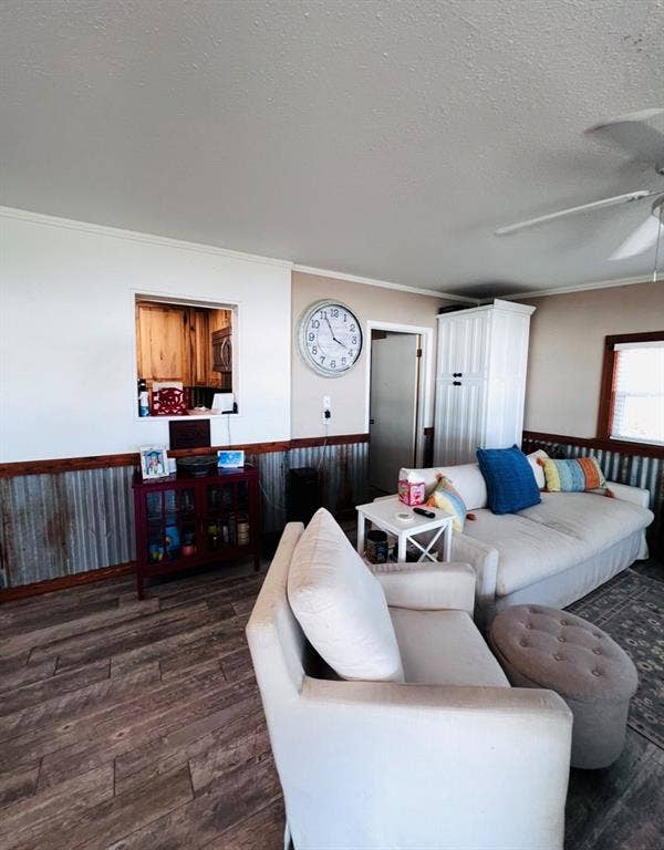 Wood-finish flooring throughout the space