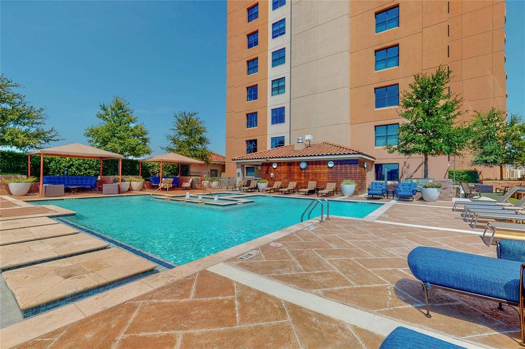 330 Las Colinas Boulevard E, #920, Irving, TX 75039 View of pool with a gazebo, a hot tub, and a patio