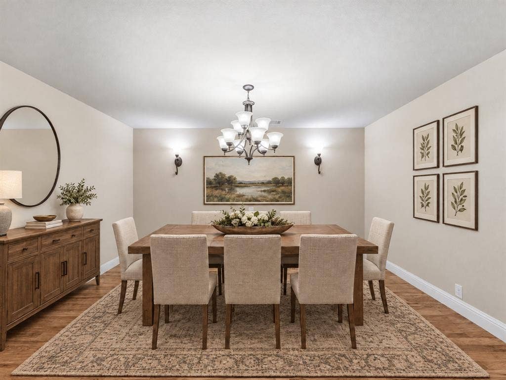 Dining area featuring wood-finish flooring, a multi-tiered brushed nickel chandelier, and dual wall-mounted light fixtures