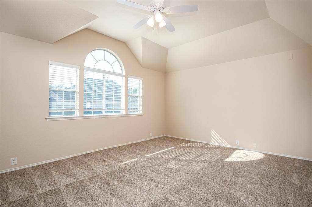 Vaulted ceiling with an arched window, multiple windows with blinds, and a ceiling fan
