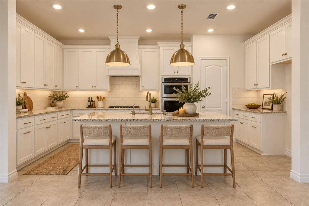3681 Keechi Creek Drive, Celina, TX 75078 Virtually staged & improved. Kitchen featuring white cabinetry, a center island with light-toned countertops, tile backsplash, dual wall-mounted ovens, and brass-finish pendant lighting