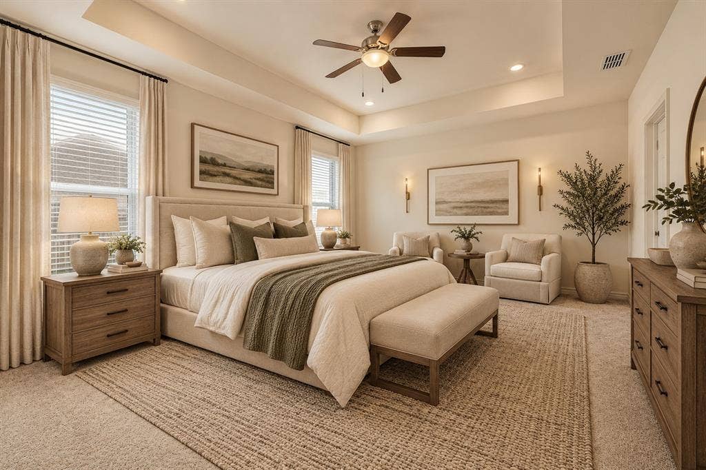 3681 Keechi Creek Drive, Celina, TX 75078 Virtually staged. Tray ceiling, recessed lighting, ceiling fan with light fixture, wall-mounted light sconces, and neutral carpeting