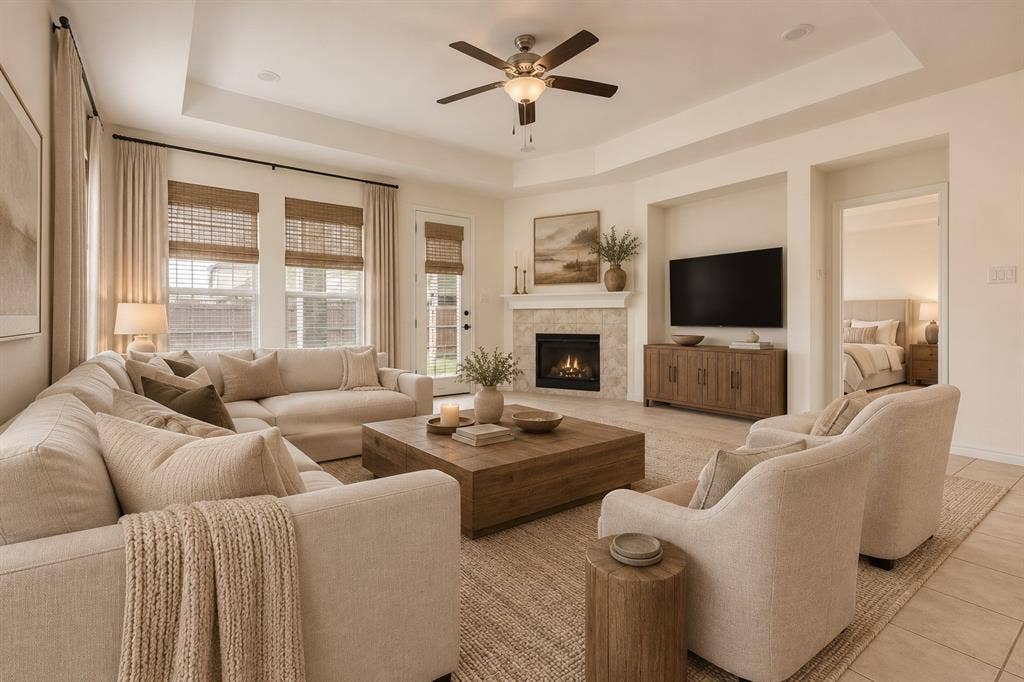 3681 Keechi Creek Drive, Celina, TX 75078 Virtually staged. Tray ceiling featuring a central lighted ceiling fan, stone-surround fireplace with a wooden mantel, built-in media alcove, and large windows with woven wood shades