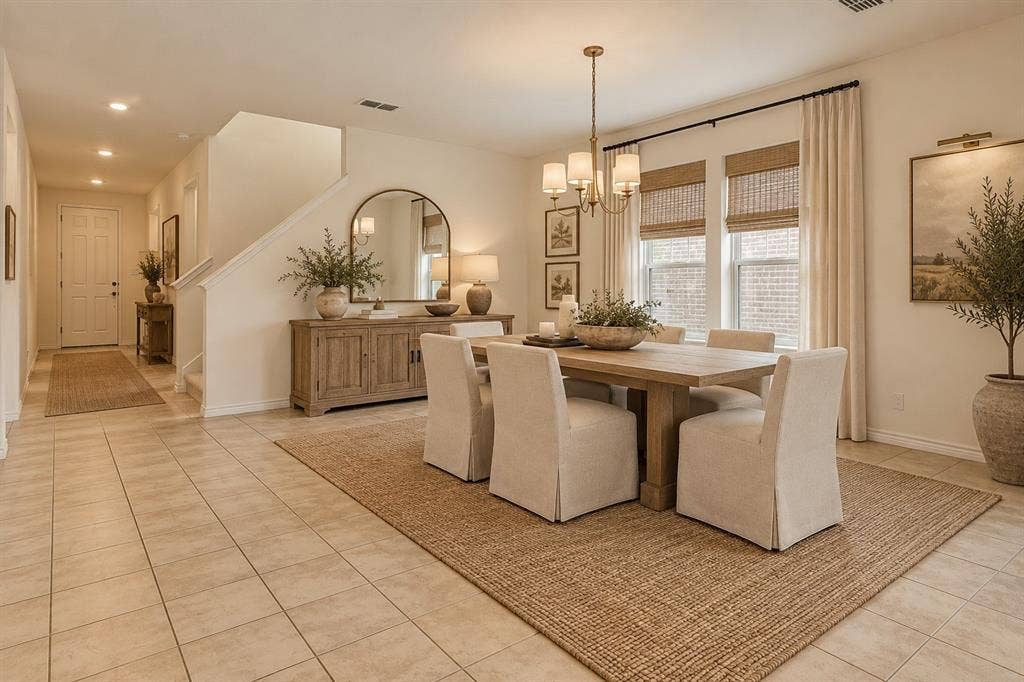 3681 Keechi Creek Drive, Celina, TX 75078 Virtually staged. Dining area featuring ceramic tile flooring, a multi-arm chandelier, and double windows with neutral window treatments