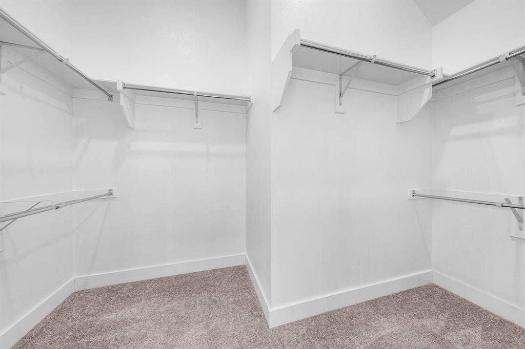 3800 Talisker Boulevard, Sherman, TX 75090 Walk-in closet featuring white walls, carpeting, and multiple built-in shelving units with hanging rods