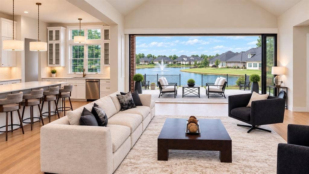 6651 Pinehurst Drive, Granbury, TX 76049 Open concept living area with vaulted ceilings, wood-finish flooring, and a gourmet kitchen featuring white cabinetry and stainless steel appliances