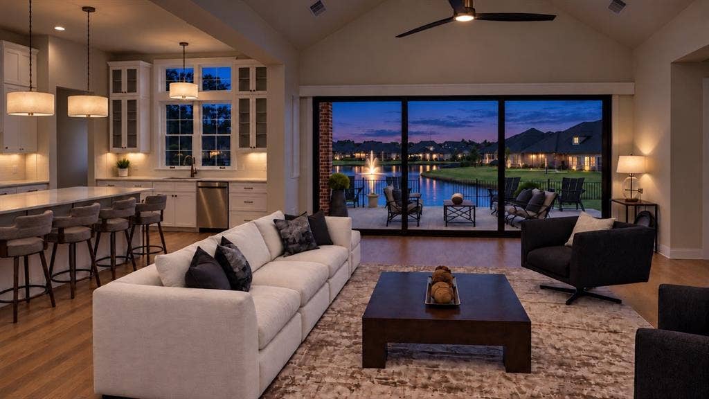 6651 Pinehurst Drive, Granbury, TX 76049 Vaulted ceiling with a ceiling fan, wood-finish flooring, full wall glass doors, a patio with outdoor seating, and a body of water