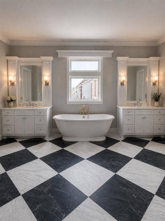 6651 Pinehurst Drive, Granbury, TX 76049 Black and white checkerboard flooring complemented by dual vanities with integrated sinks