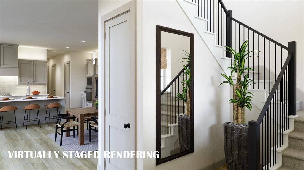 1386 Misted Mews, Frisco, TX 75033 This stunning, wrap around stair case greets family and friends as they enter your new dream home! VIRTUALLY STAGED RENDERING