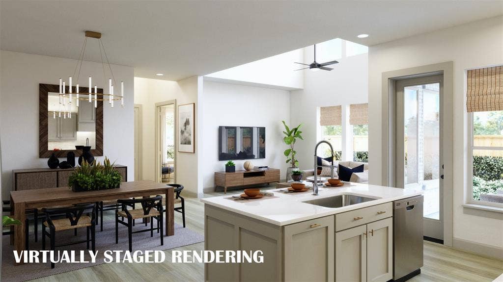 1386 Misted Mews, Frisco, TX 75033 An open concept kitchen-dining-family room area designed for grand parties or fun family gatherings. VIRTUALLY STAGED RENDERING