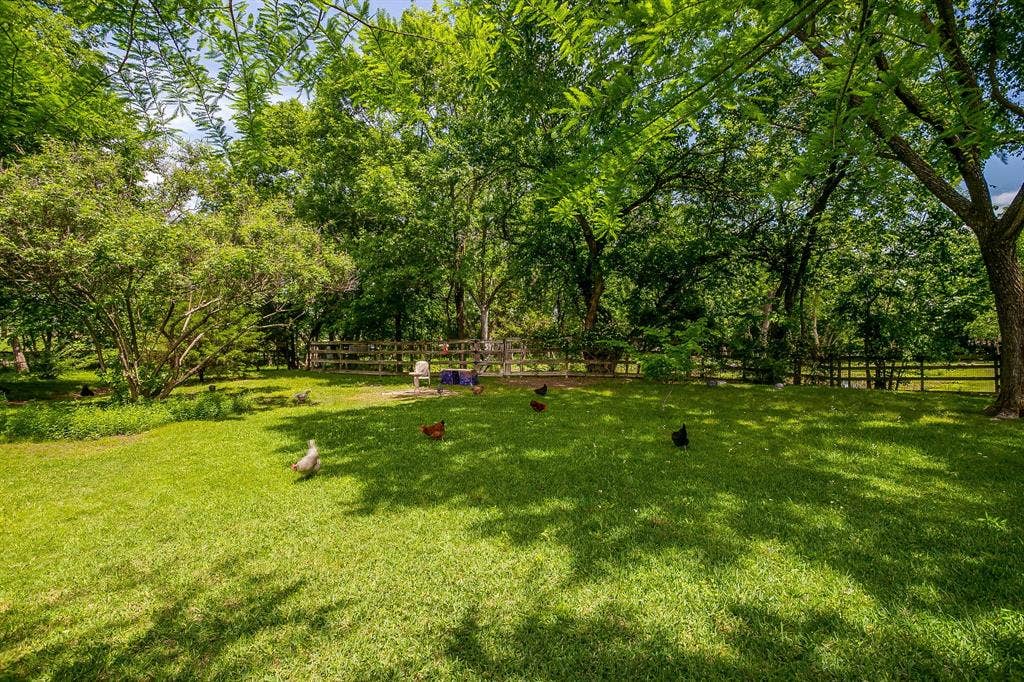 Expansive grassy lawn with mature trees and a wooden fence