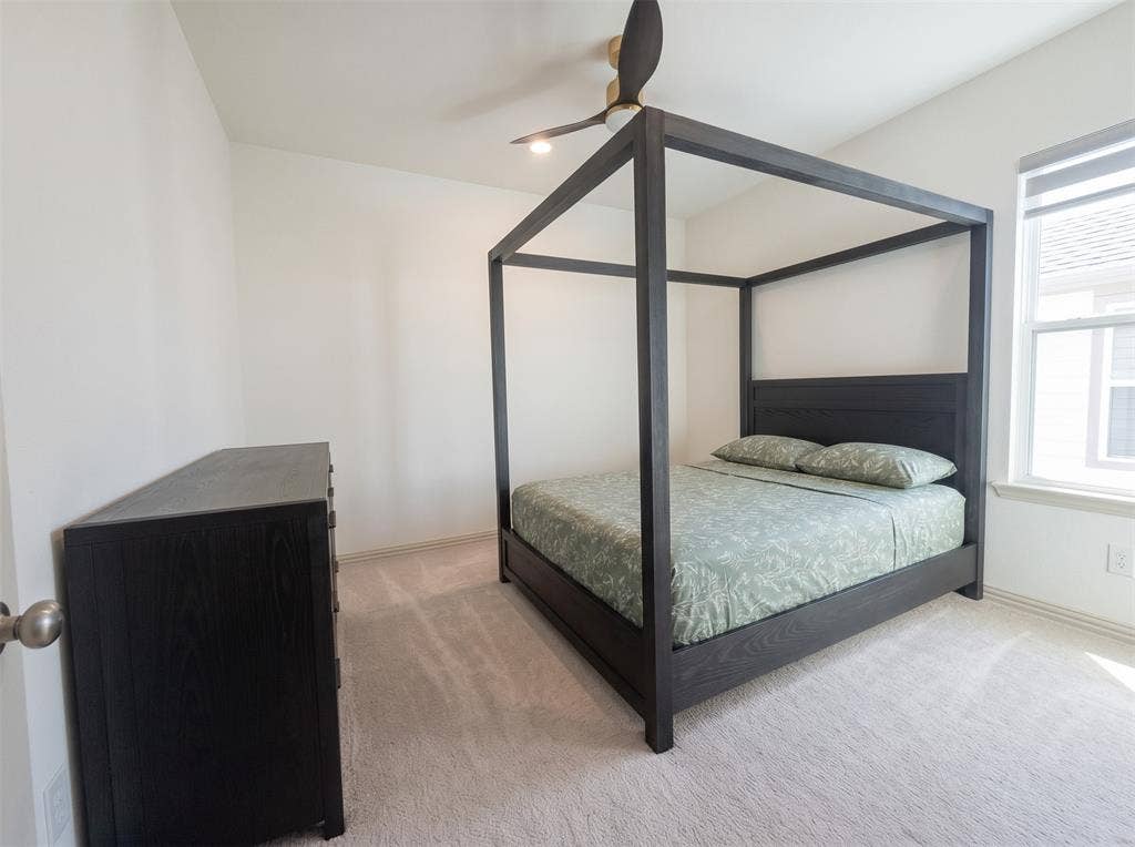 Neutral-toned wall-to-wall carpeting, ceiling fan with integrated lighting, and dual-pane window with roller shade