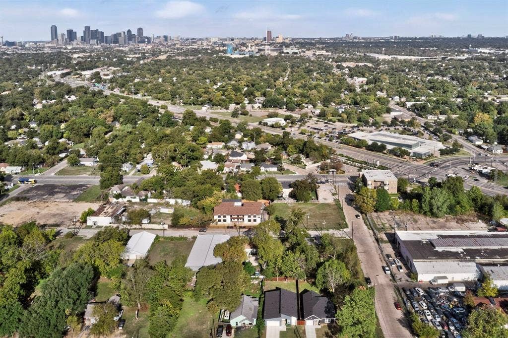 Aerial perspective featuring urban skyline, mature tree canopy, and established neighborhood infrastructure