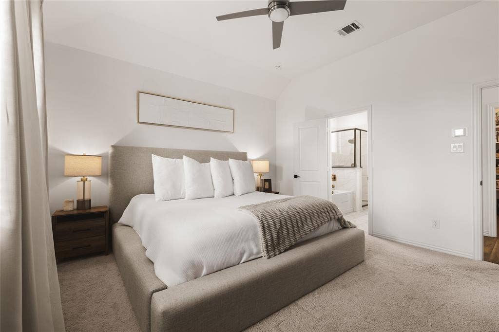 1456 Martingale Lane, Forney, TX 75126 Vaulted ceiling, ceiling fan, neutral wall-to-wall carpeting, and solid-core interior doors