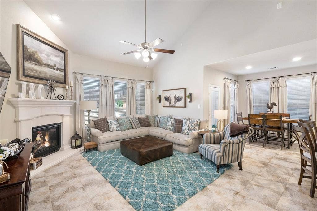 1017 Hoyt Drive, McKinney, TX 75071 Vaulted ceiling with a ceiling fan, recessed lighting, and tile flooring