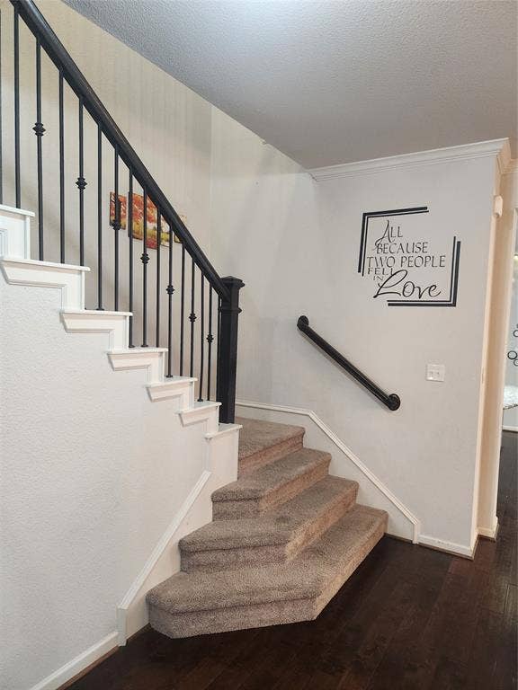 3038 Ivy Hill Lane, Irving, TX 75063 Staircase featuring carpeted treads, dark wood-finish flooring, and a wrought iron baluster railing