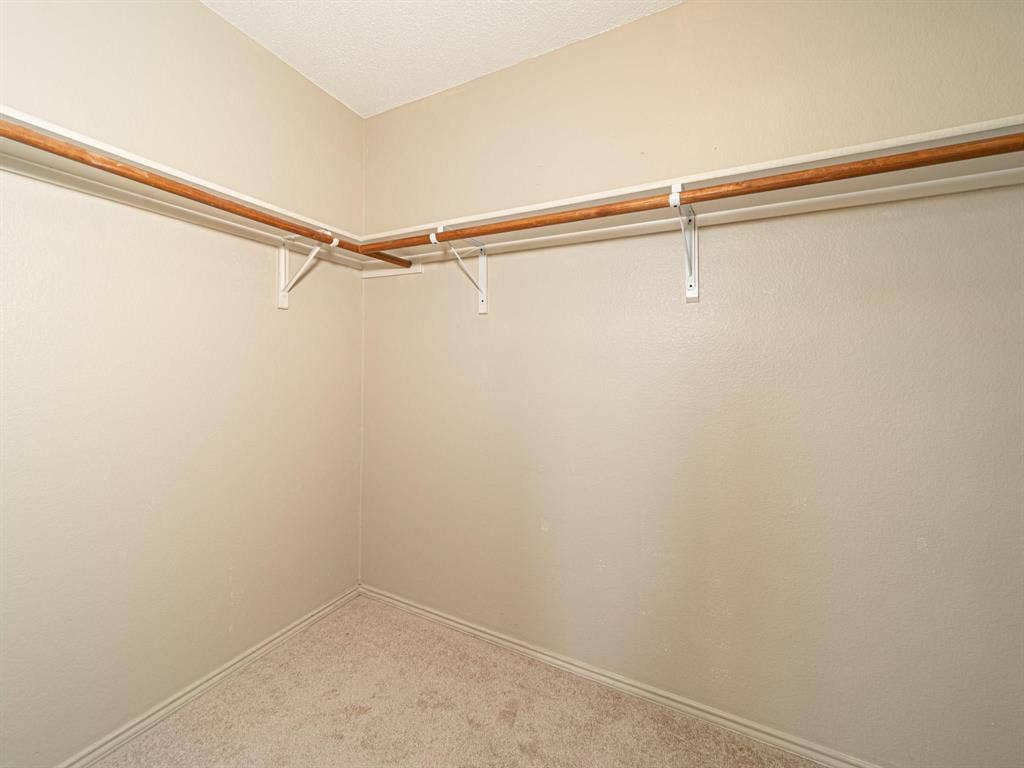 Closet with wall-mounted wooden rods and carpeted flooring