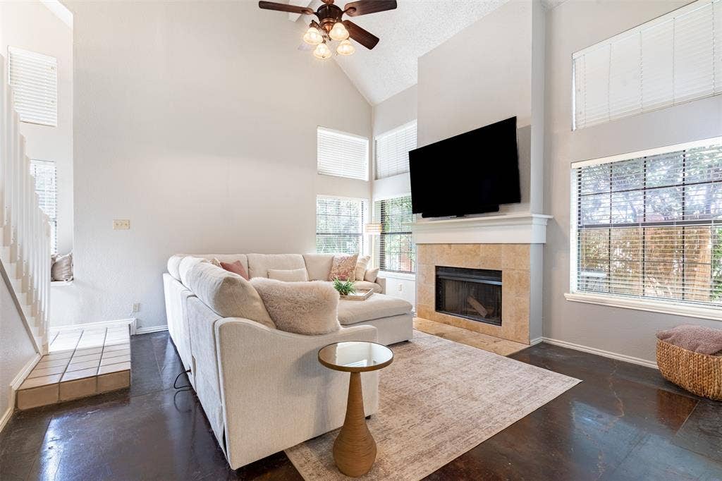 422 Santa Fe Trail, #11, Irving, TX 75063 Two story family room with fireplace for cozy nights in.