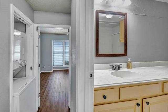 2503 Shady Ridge Drive, Bedford, TX 76021 Bathroom featuring a vanity with light-tone cabinetry and an integrated countertop with an oval basin, paired with a wall-mounted rectangular mirror