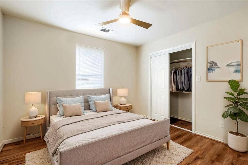 112 Sebastian Lane, Josephine, TX 75173 Virtually Staged. Laminate wood-finish flooring, recessed ceiling fan with integrated lighting, and a closet with sliding paneled doors