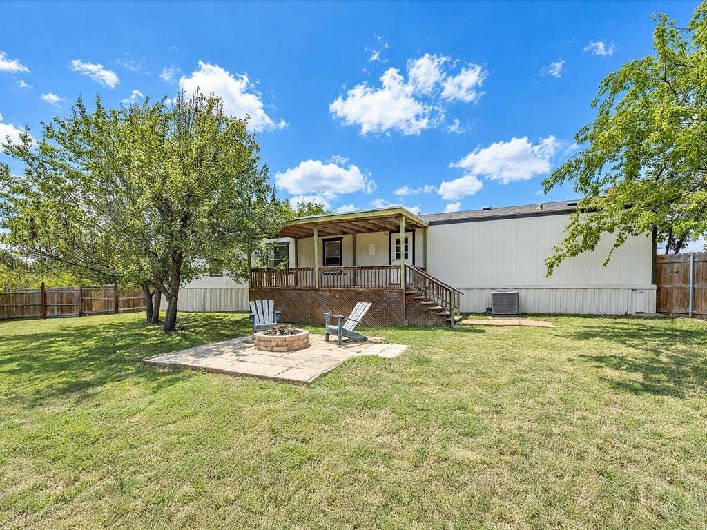 4113 Goliad Drive, Granbury, TX 76048 Fully fenced private backyard with lots of trees including peach and pear. Stone patio with firepit, enjoy views of the stars.